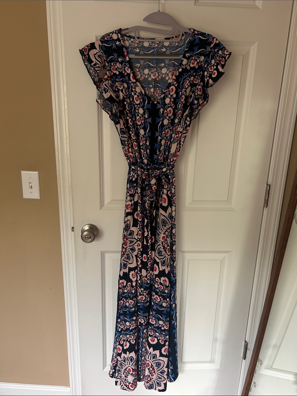 Floral Navy V-Neck Maxi Dress with Tie Waist